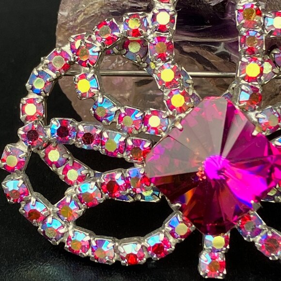 Fuchsia Pink Aurora Borealis Ravioli Rhinestone Flower Brooch - Picture 2 of 12
